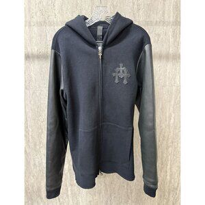 Chrome Hearts Black Hoodie W/ Leather Sleeves & Gothic Cross Details Full Zip Co